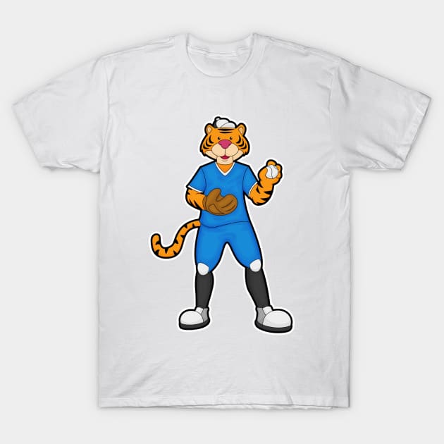 Tiger at Baseball with Baseball glove & Cap T-Shirt by Markus Schnabel